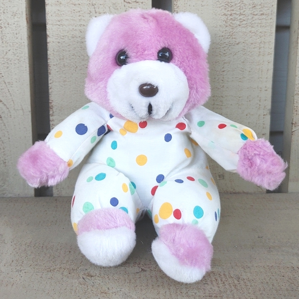 Vintage 1987 Purple Small Teddy Bear Plush With Polka Dot Commonwealth 7"H
